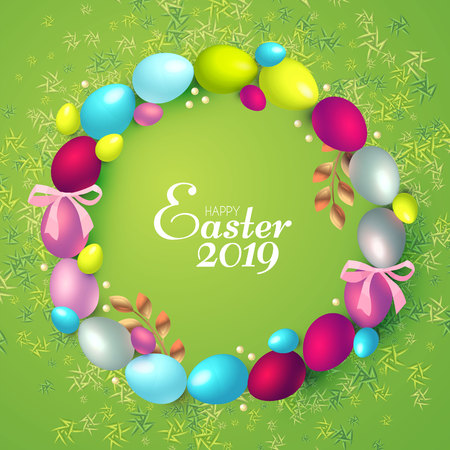 Easter Wreath with Realistic Colorfull Eggs, Gold Branches and Bows. Vector illustrationのイラスト素材
