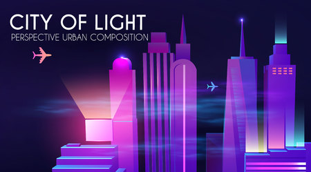 3D City Concept. Urban Background with Skyscrappers. Perspective Scene. Night Lights Design.のイラスト素材