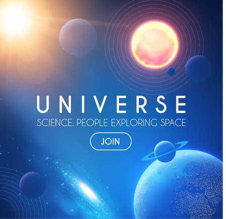 Planets in Universe with Star, Nebula and Galaxy Lights. 3D REalistic Space. Cosmos Design.のイラスト素材
