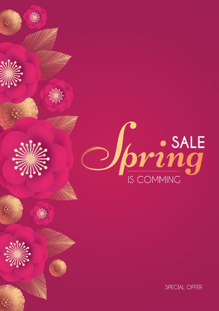 Spring Sale. Flower Paper Cut Elegant Design Template with Realistic Shadows. Pink and Gold. vector illustrationのイラスト素材