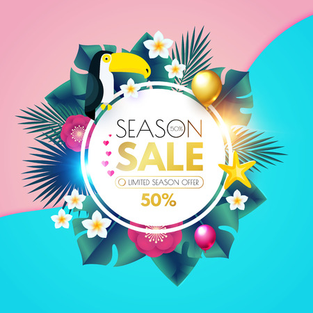 Summer Sale Tropical Background with Leaves, Flowers, Balloons. Lights and Neon Effects. Vector illustrationのイラスト素材