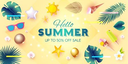 Summer Sale Tropical Background with Leaves, Flowers, Balloons. Lights and Neon Effects. Vector illustrationのイラスト素材
