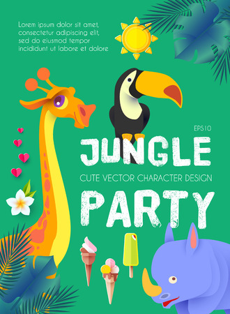 Jungle Patry. Exotic Animals Design Template. Tropic Event. Hot Birthday. Vector illustrationのイラスト素材