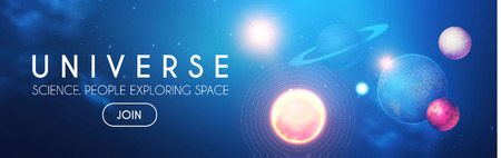 Planets in Universe with Star, Nebula and Galaxy Lights. 3D REalistic Space. Cosmos Design.のイラスト素材