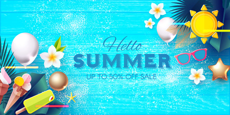 Summer Sale Tropical Background with Leaves, Flowers, Balloons. Lights and Neon Effects. Vector illustrationのイラスト素材