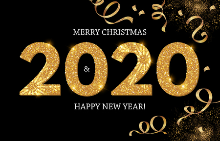 Happy New 2020 Year Shining Greeting Card with Realistic Glossy Balloons with Serpentine.