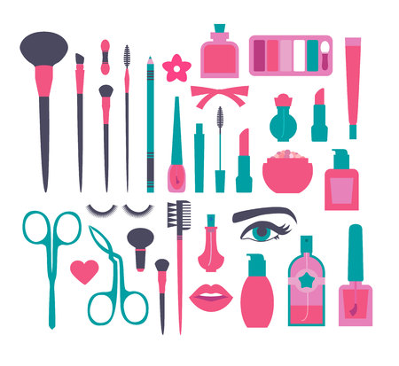 Make Up and Decorative Cosmetics Flat Set. Brusies, Eye Shadows, Lipstics, Nail Polish, Powder, Mascara, Perfume and Tweezers.のイラスト素材