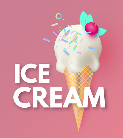 Ice Cream. Gelato Ad. Sweets Shop Promotion. Cute Badge with realistic 3Dのイラスト素材