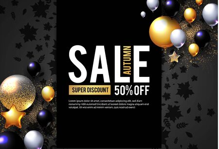 Autumn Sale. Luxurious advertising banner with golden foil balloons and season falling leaves.のイラスト素材