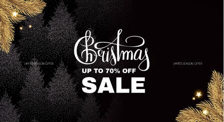 Christmas sale. Elegant design template with lettering, gold branches, stars and winter forest background.のイラスト素材
