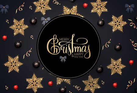 Merry Christmas and Happy New Year! Elegant holiday decoration with gold snowflakes, red and black balls, bows and lettering.のイラスト素材