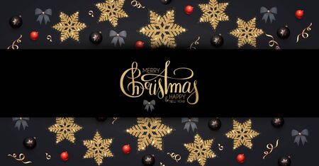 Merry Christmas and Happy New Year! Elegant holiday decoration with gold snowflakes, red and black balls, bows and lettering.のイラスト素材