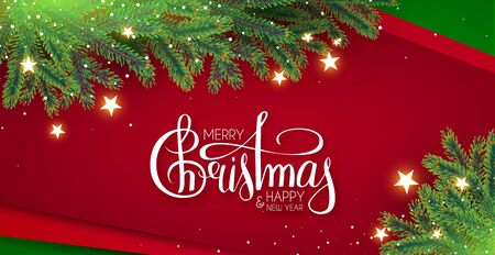 Merry Christmas Realistic holiday design with lettering, fir tree branches, papercut background, stars and lights.のイラスト素材