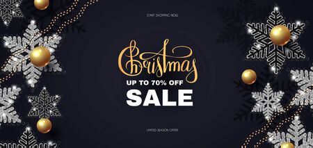 Christmas Sale design template with glossy golden balls, elegant silver snowflakes and lettering.のイラスト素材