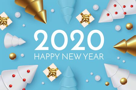 Happy New 2020 Year Holiday greeting with 3D fir trees, gifts and snow. Christmas cute design.