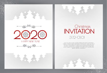 Happy new 2020 year flyer design template. Elegant white card with Christmas trees. Coniferous forest.のイラスト素材