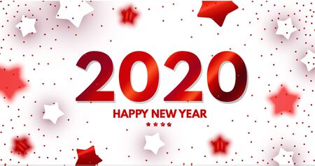 Happy New 2020 Year Elegant Design with red shining year number on white background and stars