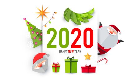 Happy new 2020 year card teplate with cute Santa Claus, fir tree and gifts. Papercut design.