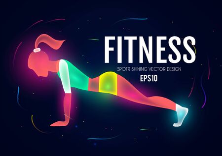 Fitness girl. Sport and ads logo shining design. Trendy character.のイラスト素材