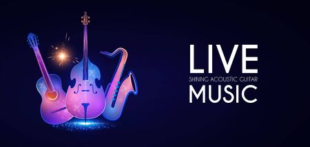 Music poster with electirc quitar, double bass and saxophone. Shining concert flyer template.のイラスト素材