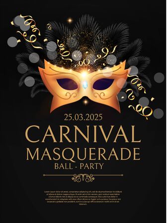 Masquerafe Flyer Template with Gold Carnival Mask.のイラスト素材