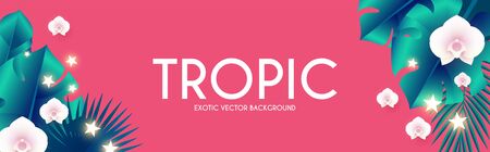 Tropic Summer. Exotic design with palm leaves and orchids.のイラスト素材