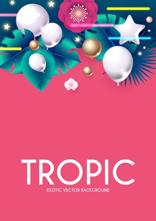 Tropic Summer. Exotic design with palm leaves, orchids and foil balloonsのイラスト素材