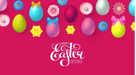 Happy Easter background with realistic colorful 3D eggs, flowers and lettering with bunny.のイラスト素材