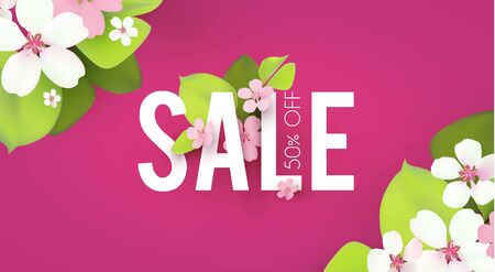 Spring sale. Seasonal offer poster template with flowers. Realistic apple blossom.のイラスト素材
