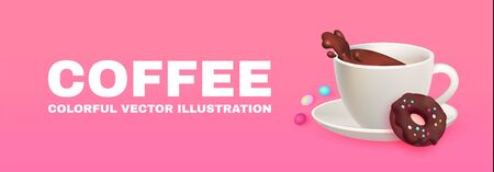 Cafe Ad Design Template. Coffee and Sweets. Chocolate and Donut. Candy. Cute and Delicious.のイラスト素材