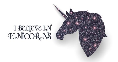 Unicorn head silhouette with pink magic texture. Fantasy design.
