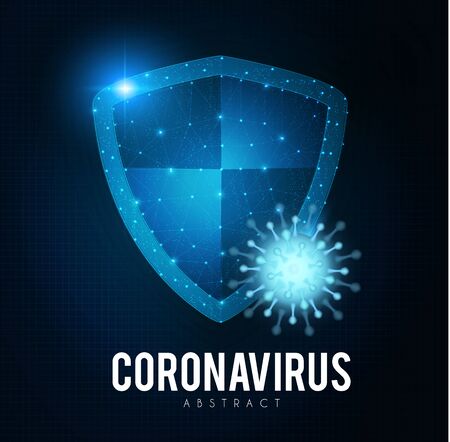 Coronavirus COVID-2019 on blue background. Virus 2019-nCoV cells. Heath security design with shining shield.のイラスト素材