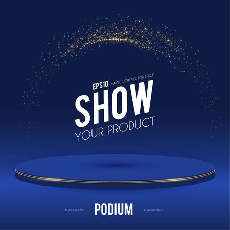 Round Podium. Scene, pedestal and 3D platform with gold glitter effect. Advertising, award and win design. Show and sale background. Realistic presentation mockup.のイラスト素材