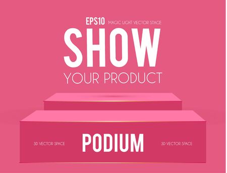 Podium. Scene, pedestal and 3D platform with light. Advertising, award and win design. Show and sale background. Realistic presentation mockup. Pink and gold shelf.のイラスト素材