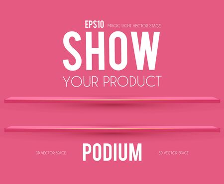 Podium. Scene, pedestal and 3D platform with light. Advertising, award and win design. Show and sale background. Realistic presentation mockup. Pink and gold shelf.のイラスト素材