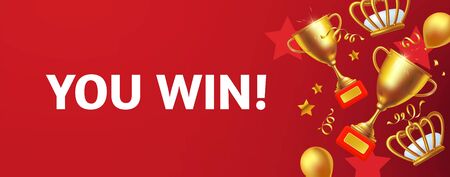 Win flyer template. Realistic golden champion cup. Isolated trophy winner gold cup. Award design.のイラスト素材