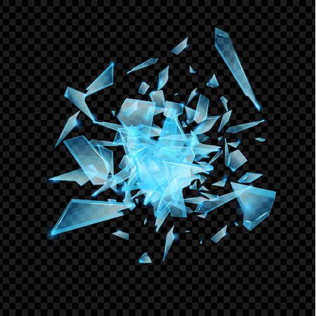 Realistic transparent shards of broken glass. Blue golssy glass pieses. Crash background.のイラスト素材