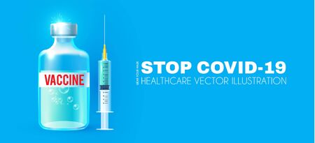 Coronavirus Vaccine. Stop Coronavirus 2019-nCoV . Realistic glossy medical syringe, needle and vial with vaccine. Healthcare design.のイラスト素材