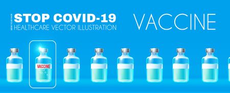 Coronavirus Vaccine making. Stop Coronavirus 2019-nCoV . Realistic glossy vial with vaccine. Healthcare design.のイラスト素材