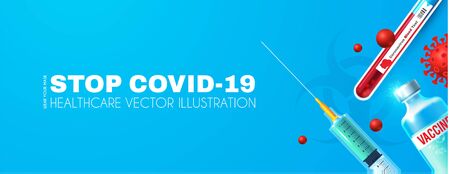 Coronavirus background Vaccine, Realistic glossy medical syringe, needle, vial, medical mask, virys symbol, blood test tool and biohazard sign. Stop Coronavirus 2019-nCoV .のイラスト素材