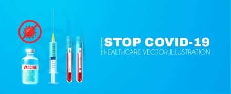 Coronavirus set Vaccine, Realistic glossy medical syringe, needle, vial, virys symbol, blood test tool and biohazard sign. Stop Coronavirus 2019-nCoV .のイラスト素材