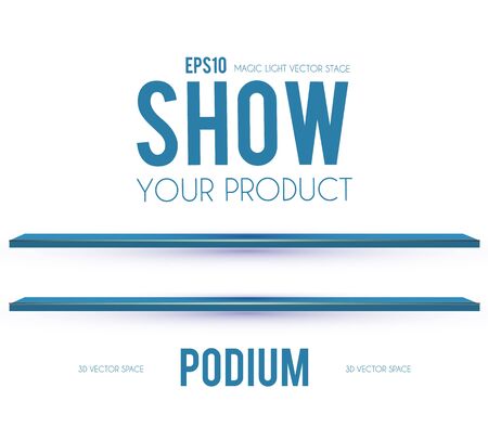 Round Podium. Scene, pedestal and 3D platform with light. Advertising, award and win design. Show and sale background. Realistic presentation mockup. Blue and gold shelf set.のイラスト素材
