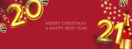 Happy New 2021 Year Party poster template with 3D realistic text, champagne bottle and glass, cones, cerpentine and lights. Festive design. Christmas flyer template.のイラスト素材