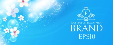 Soap foam with flowers on blue background. White transparent lather with bubbles. Fresh and clean product adverticing.のイラスト素材