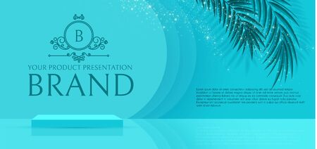 3D podium. Realistic minimal empty scene. Showcase and shelf. Round empty stage with palm leafs and shadow.のイラスト素材