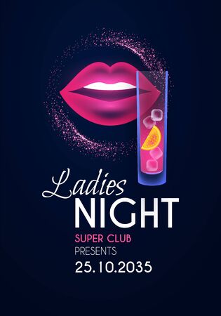 Ladies night glamour party poster template with shining glass and lips.のイラスト素材