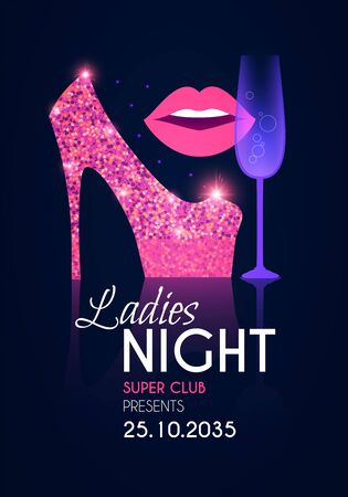 Ladies night glamour party flyer template with shoe, lips and champagne glass.のイラスト素材
