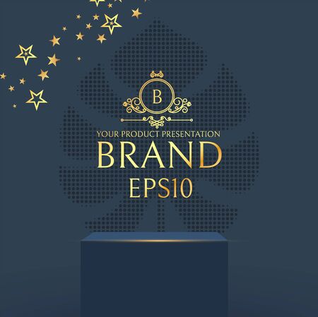 3D elegant podium with gold stars. Realistic minimal empty scene. Showcase and shelf. Empty stage.のイラスト素材