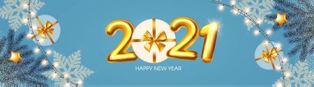 Happy New 2021 Year Party poster template with text, fir tree branches and gift box. Festive header...