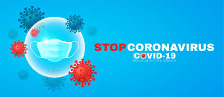 Wear you mask. Stop Coronavirus. COVID-2019 quarantine. Medical mask, save sphere and virus symbols. Healthcare design.のイラスト素材